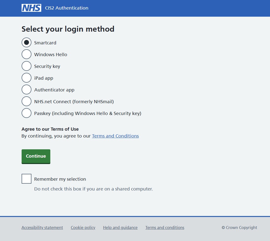 Care Identity select your login method screen
