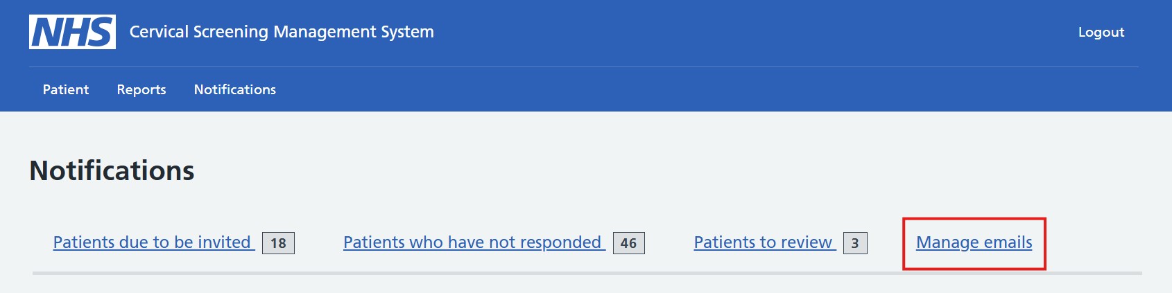 Manage emails tab