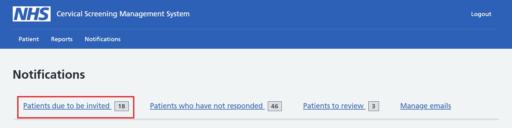 Patients due to be invited tab