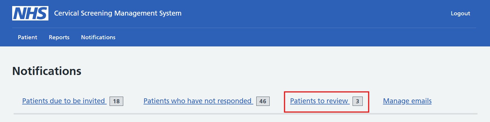 Patients to review tab