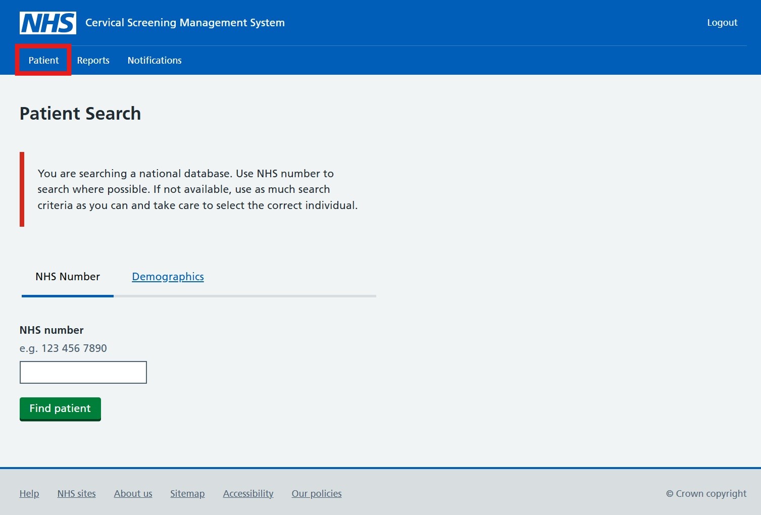 CSMS patient search page