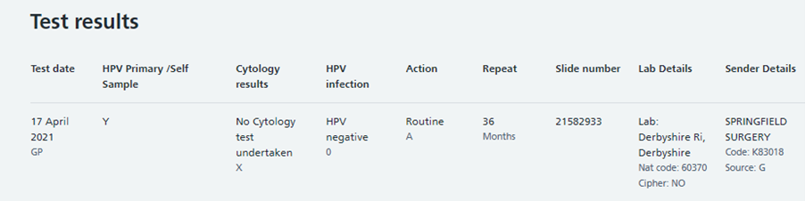 Test results screen