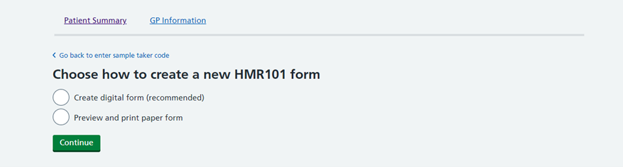 Choose how to create HMR101 form screen