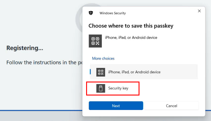 CIM 5.70 register security key choose where to save security key highlighted