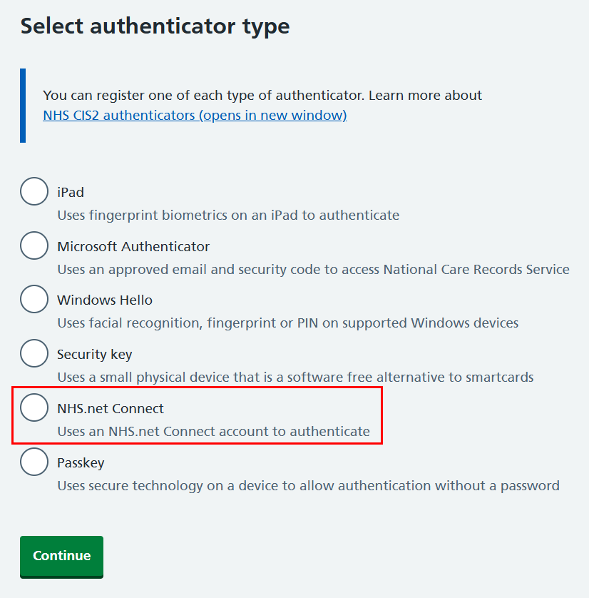 CIM 7.17 select authenticator type NHS.net Connect highlighted