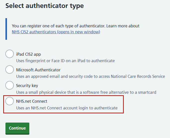 CIM 7.17 self-register authenticators NHS.net Connect highlighted