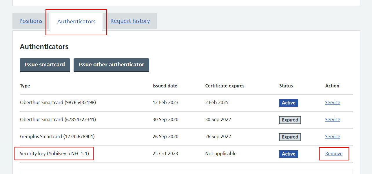 CIM authenticators security key remove link