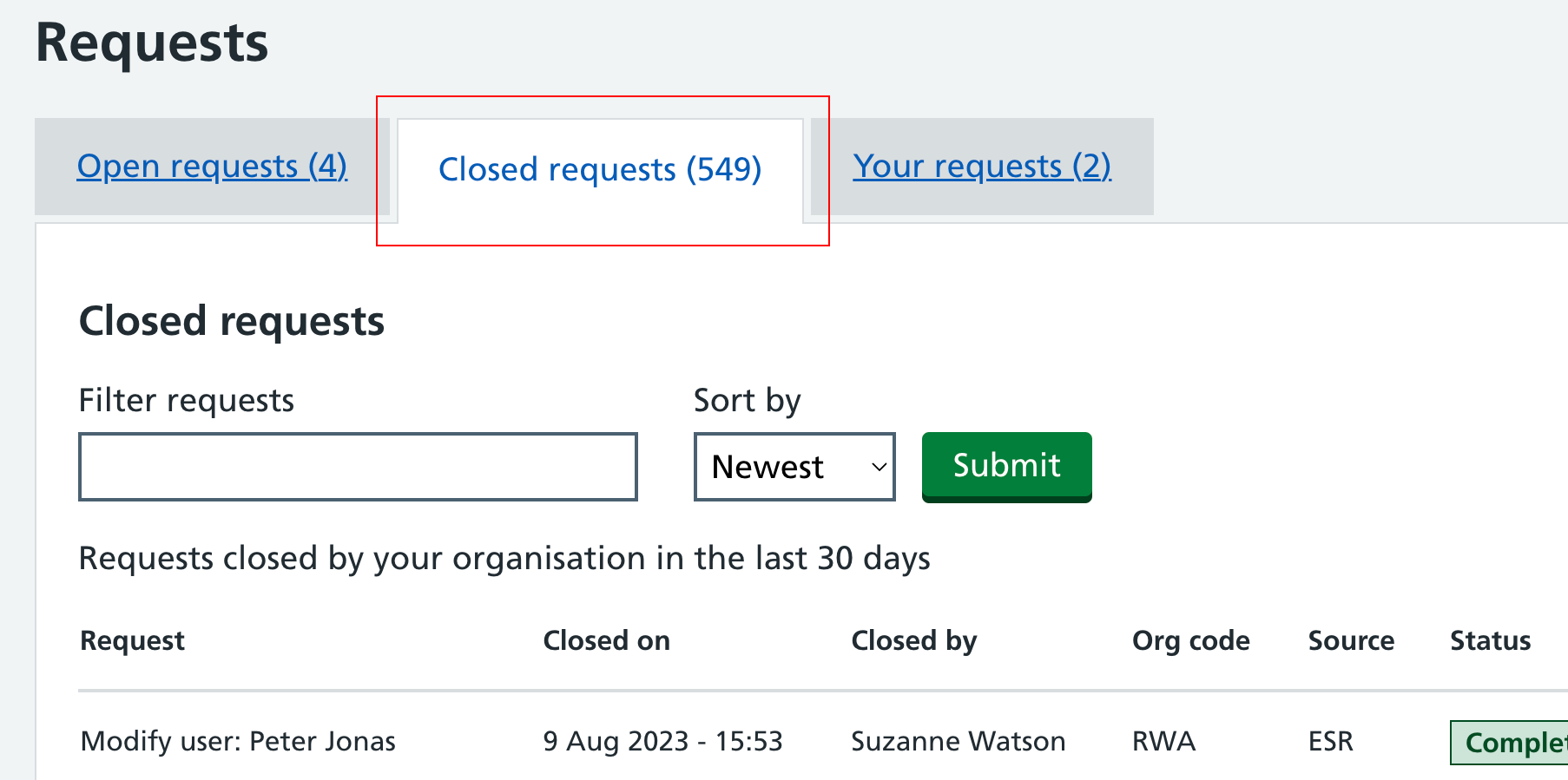 CIM closed requests tab
