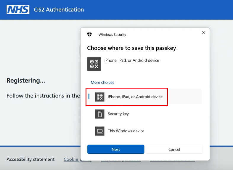 CIM create a passkey iPhone iPad or Android device highlighted