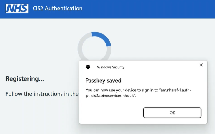CIM create a passkey saved successfully message