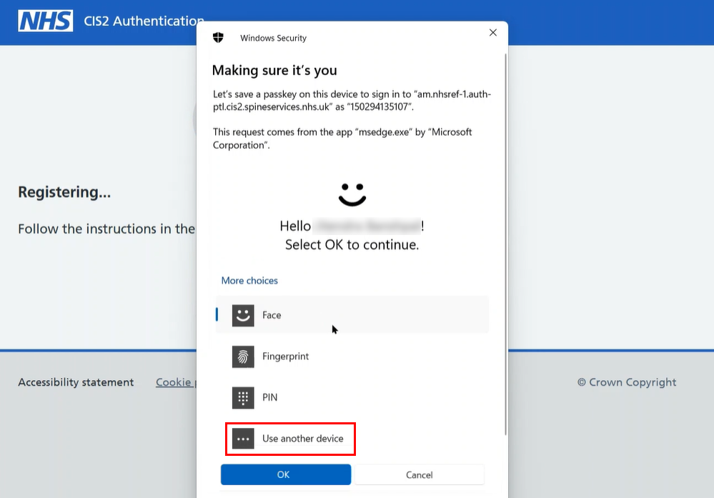 CIM create a passkey use another device highlighted
