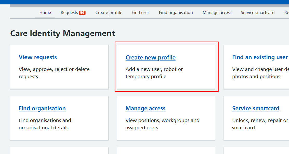 CIM dashboard create new profile tile highlighted