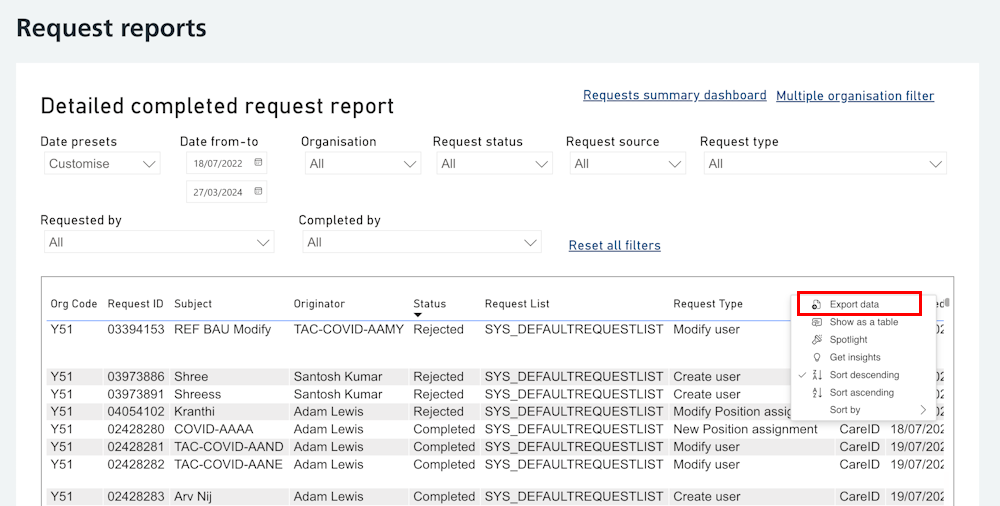 CIM detailed request report export data highlighted