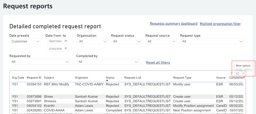 CIM detailed request report more options highlighted