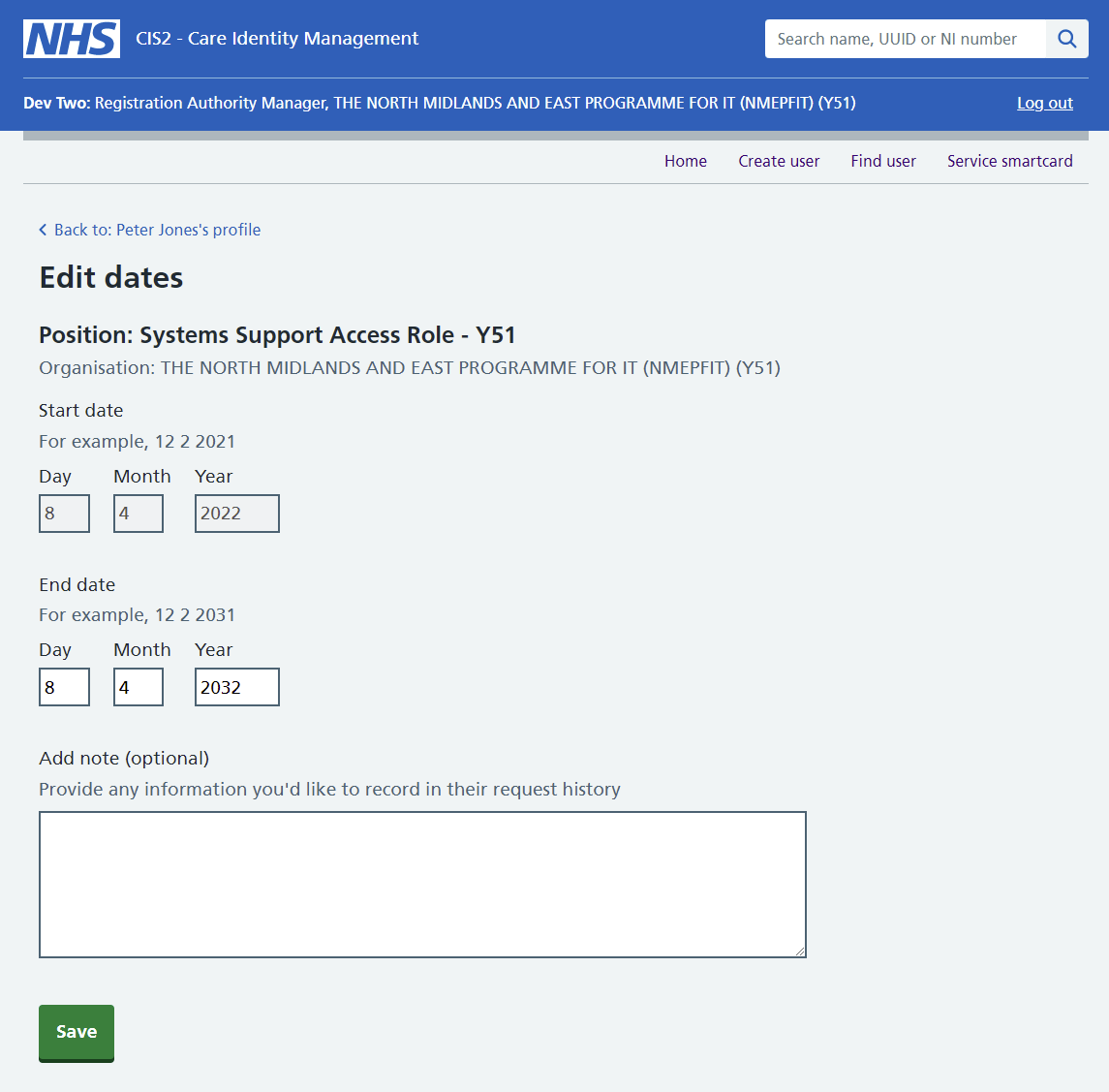 Care Identity Management edit role dates