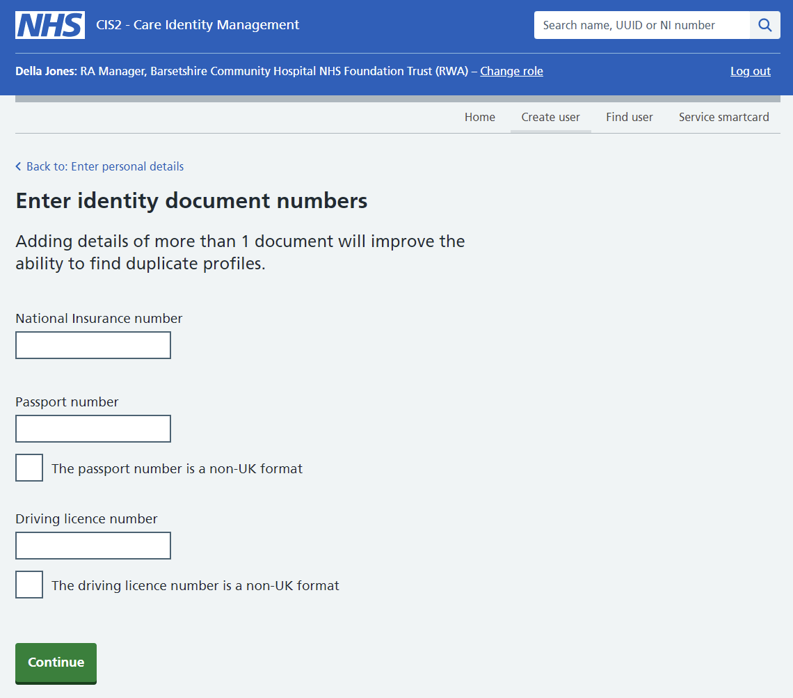 Care Identity Management enter identity documents
