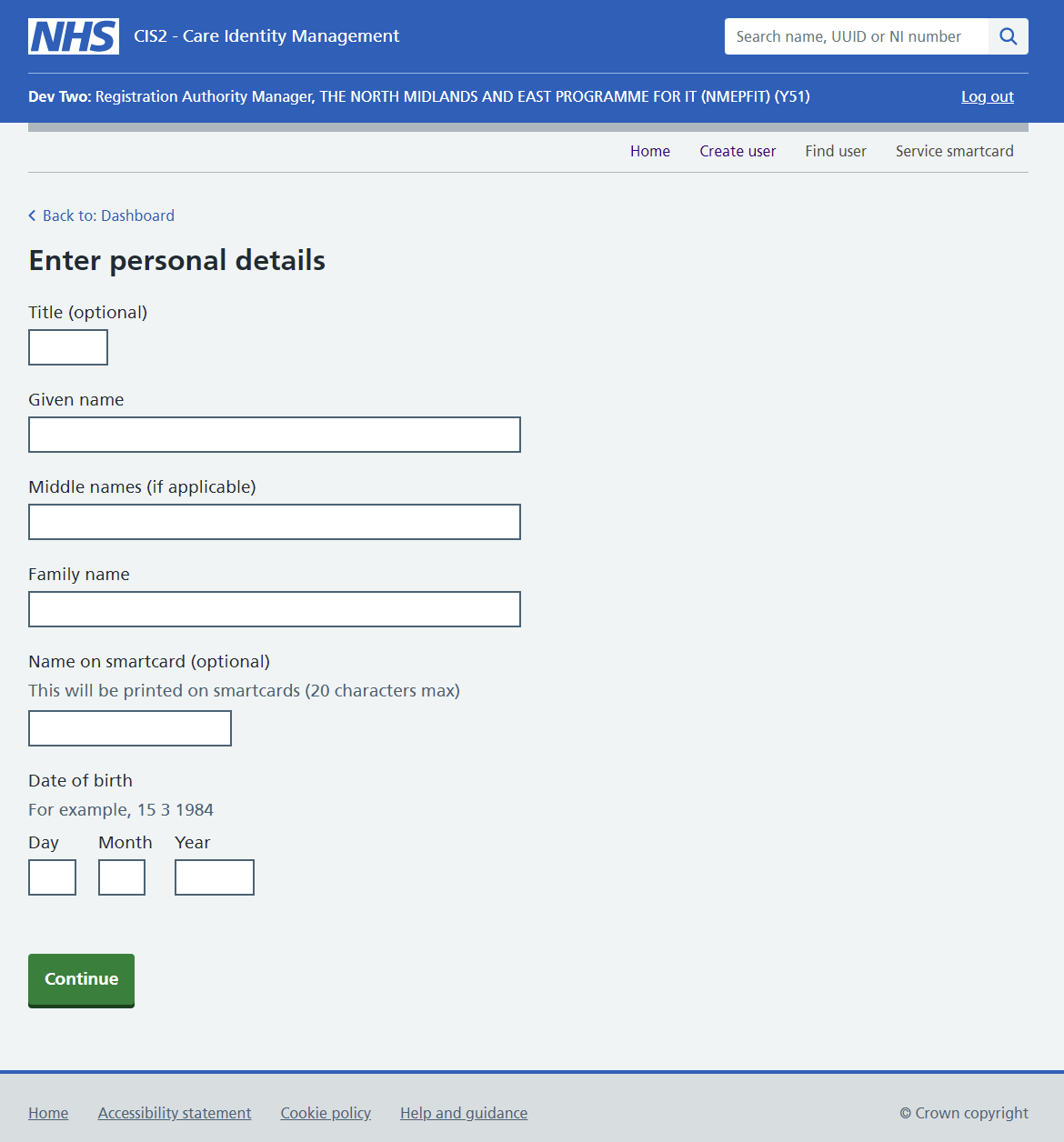 Care Identity Management enter personal details