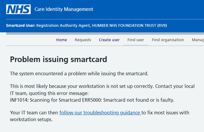 CIM error INF1014 Scanning for Smartcard ERR5000 Smartcard not found or is faulty