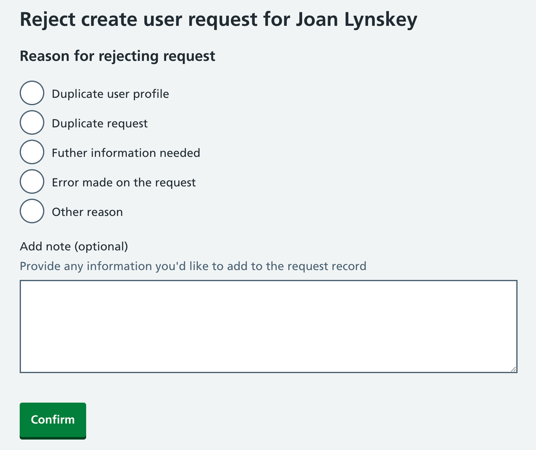 CIM ESR request create user reject request reason