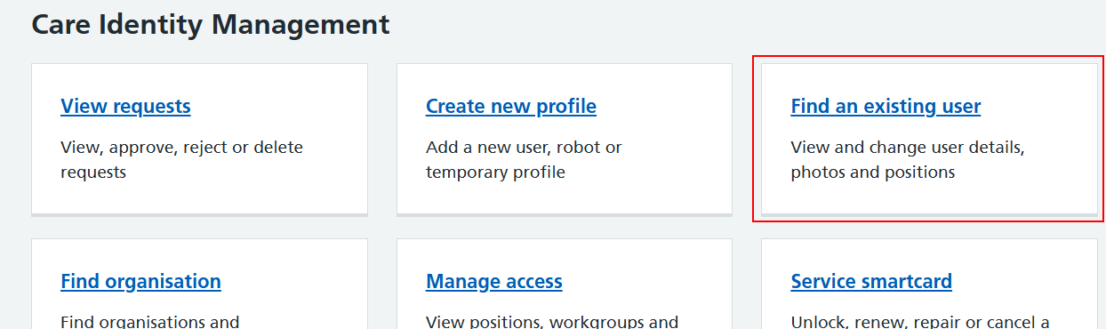 CIM home page find an existing user highlighted