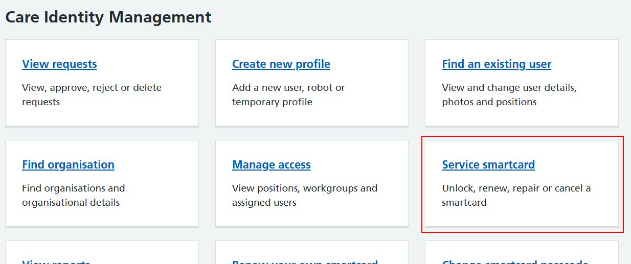 CIM home page service smartcard highlighted