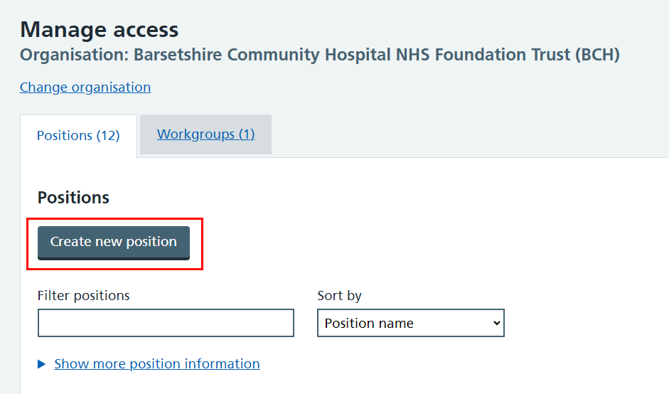 CIM manage access create new position highlighted