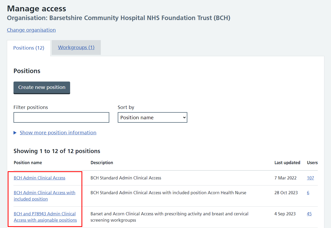 CIM manage access position names highlighted