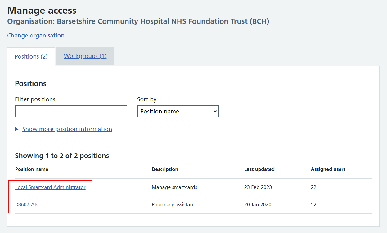 CIM manage access position names highlighted