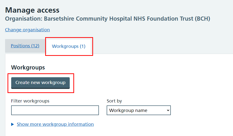 CIM manage access workgroups tab create new workgroup highlighted