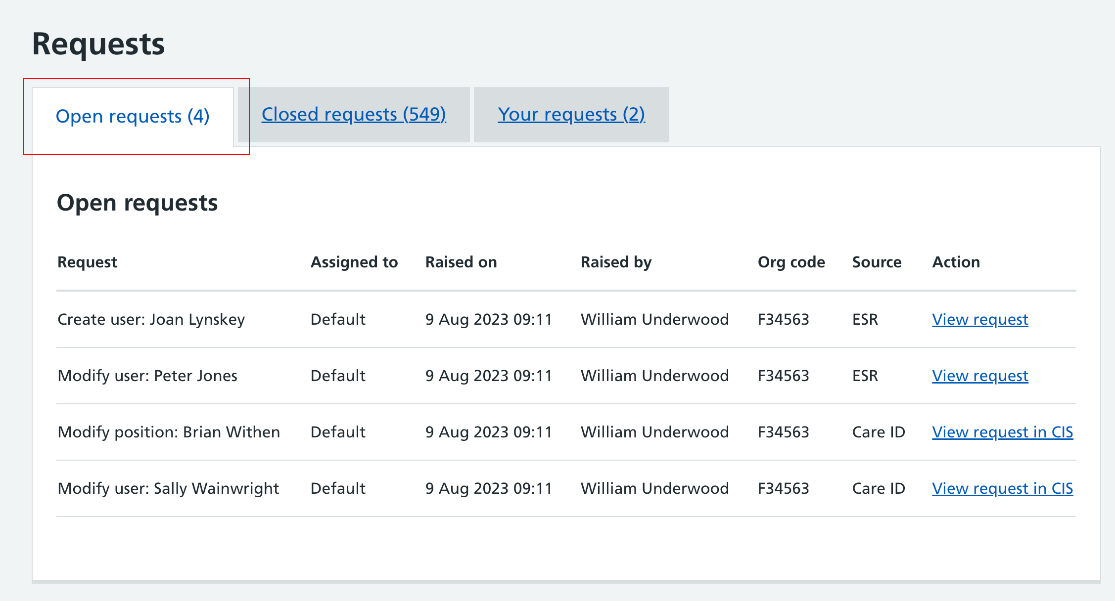 CIM open requests tab