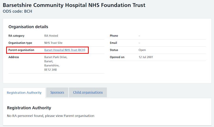 CIM organisation details parent highlighted