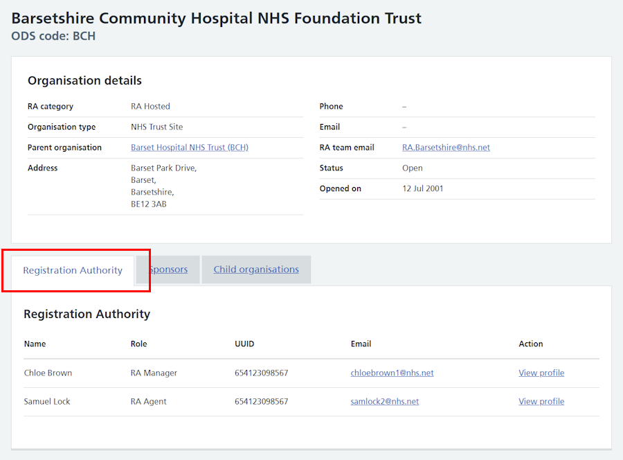 CIM organisation details Registration Authority highlighted