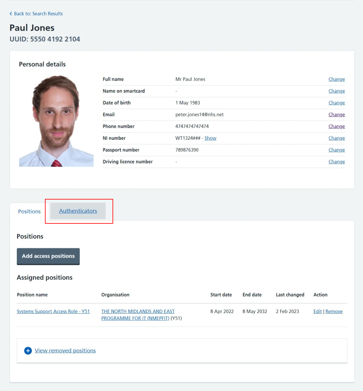 Care Identity Management profile page