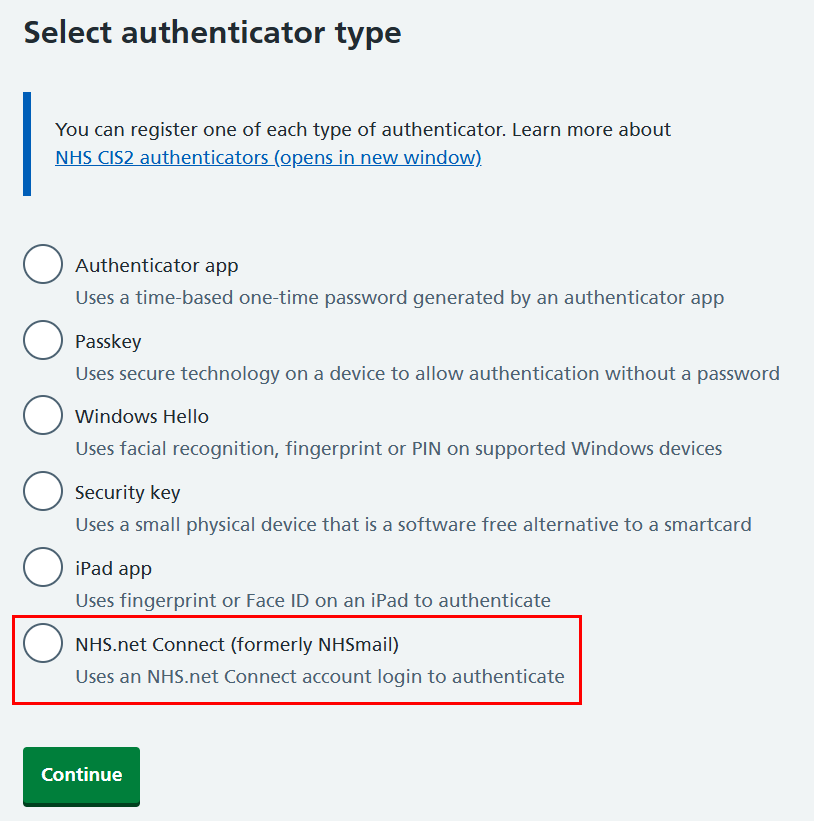 CIM register authenticator select type excludes CIS2 Auth passkey NHS net Connect highlighted