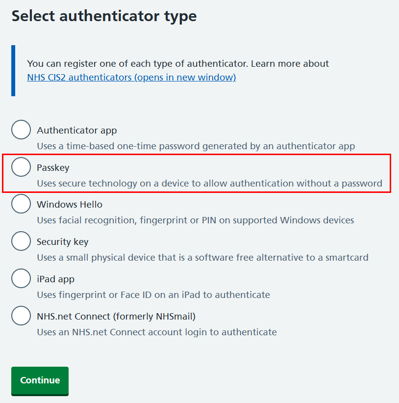 CIM register authenticator select type excludes CIS2 Auth passkey passkey highlighted