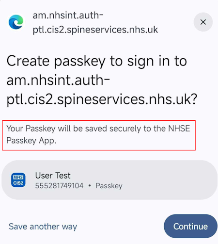 CIM register CIS2 Auth passkey create passkey central message highlighted