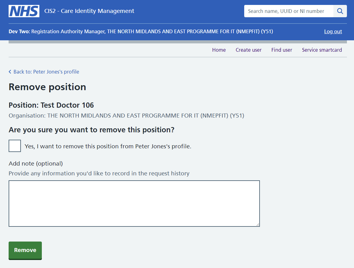 Care Identity Management remove position