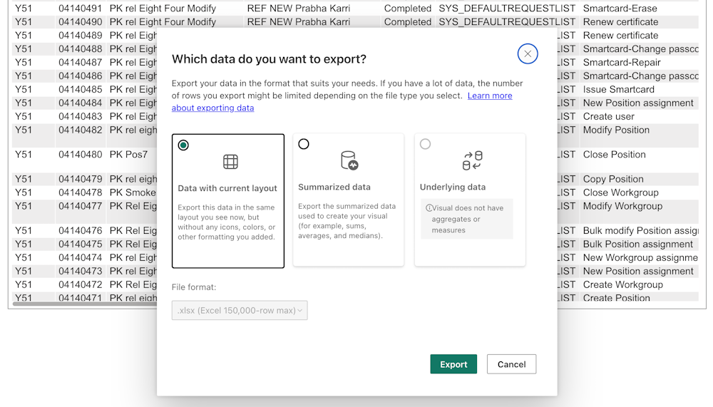 CIM request reports export data options