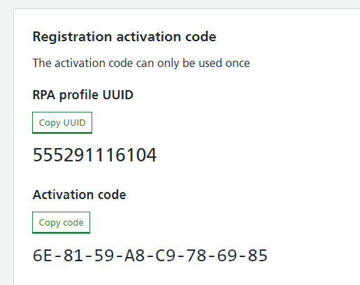 CIM RPA activation code displayed