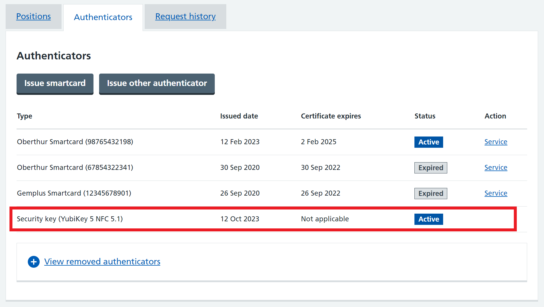 Shows that a security key has been added to the list of authenticators on the user profile, and has a status of active