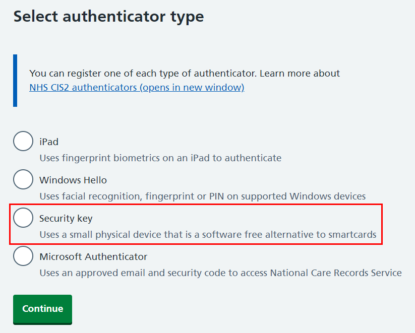 CIM select other authenticator security key highlighted