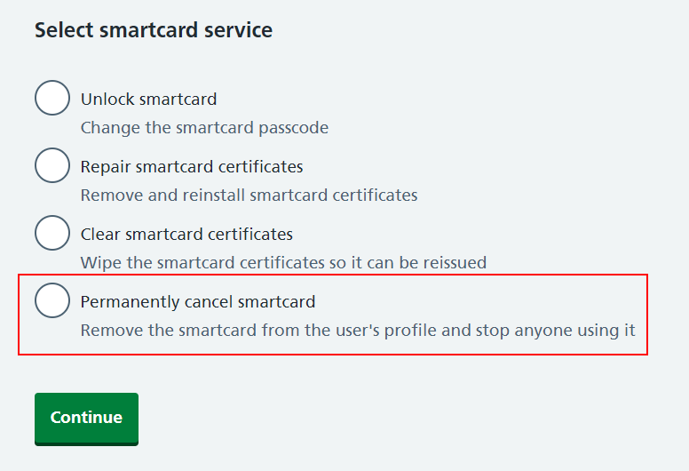 CIM select smartcard service cancel highlighted