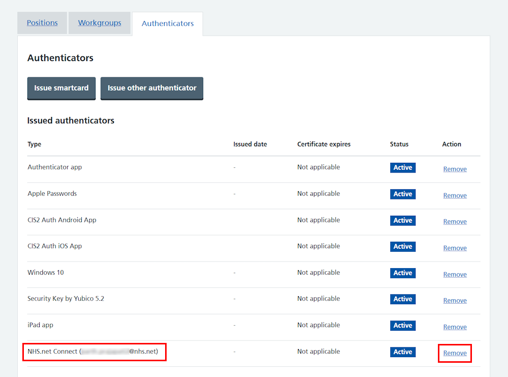 CIM user profile all authenticators NHS net Connect and remove link highlighted