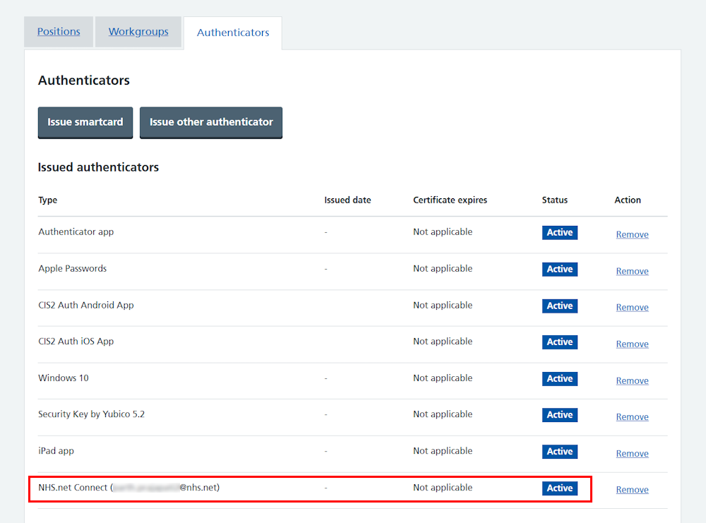 CIM user profile all authenticators NHS net Connect highlighted