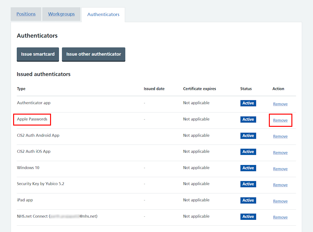 CIM user profile all authenticators passkey (Apple passwords) and remove link highlighted