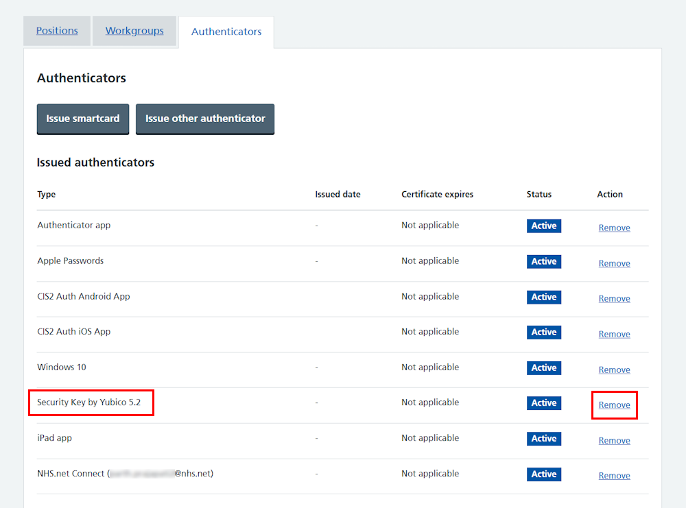 CIM user profile all authenticators security key and remove link highlighted
