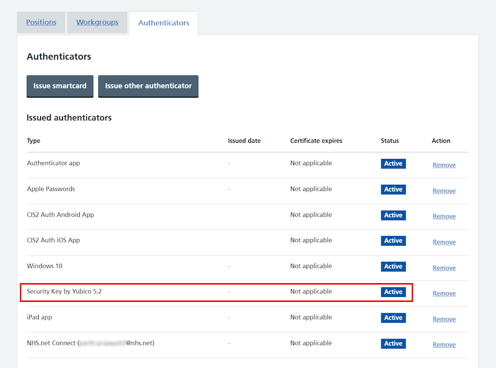CIM user profile all authenticators security key highlighted