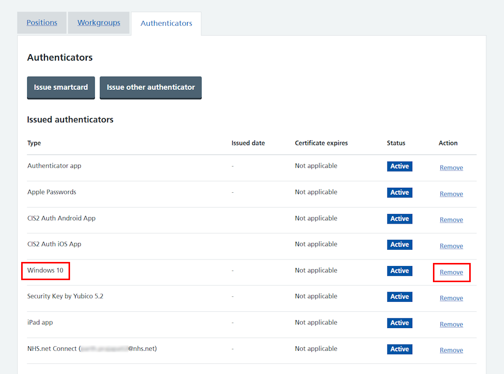 CIM user profile all authenticators Windows Hello (10) and remove link highlighted