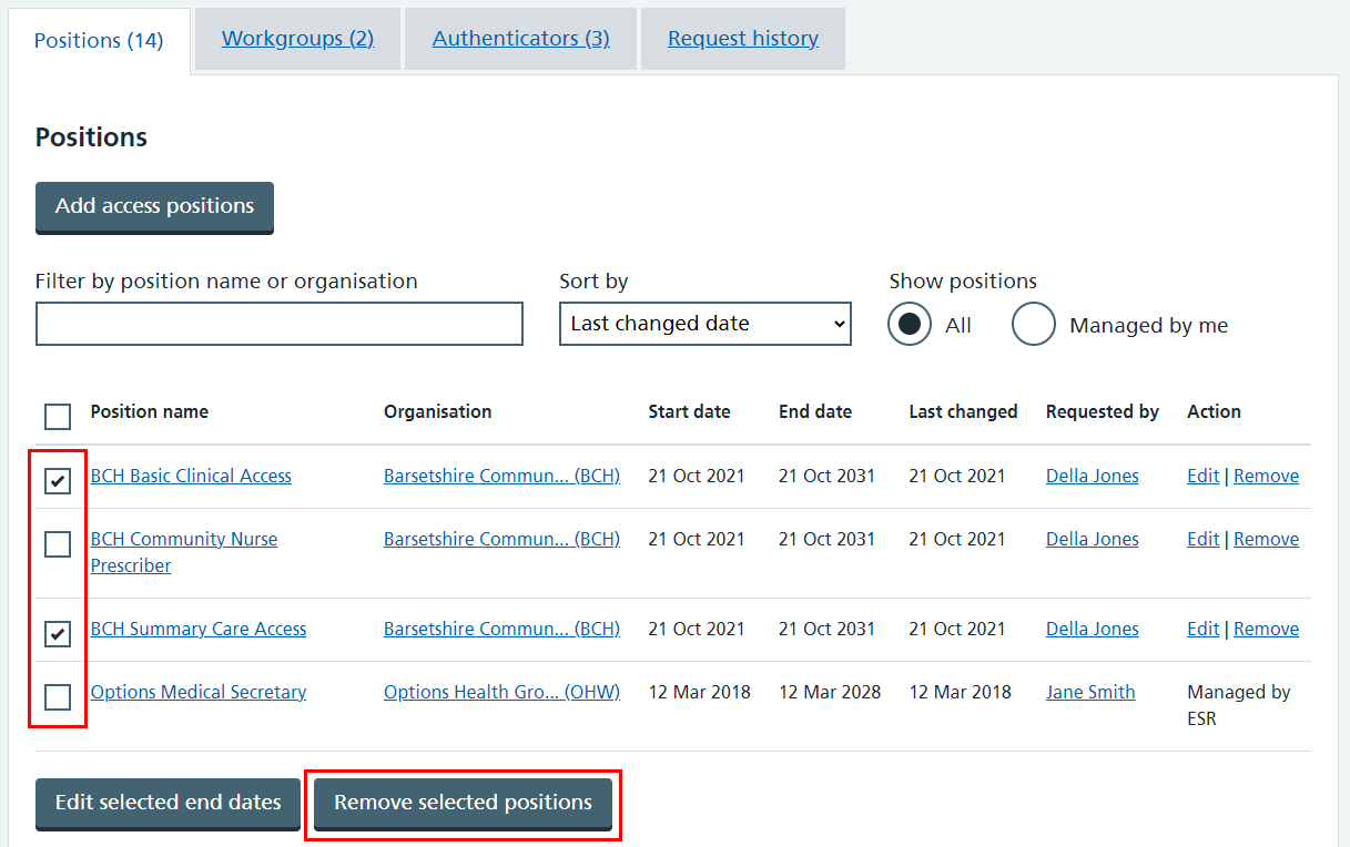 CIM user profile positions tab bulk remove highlighted