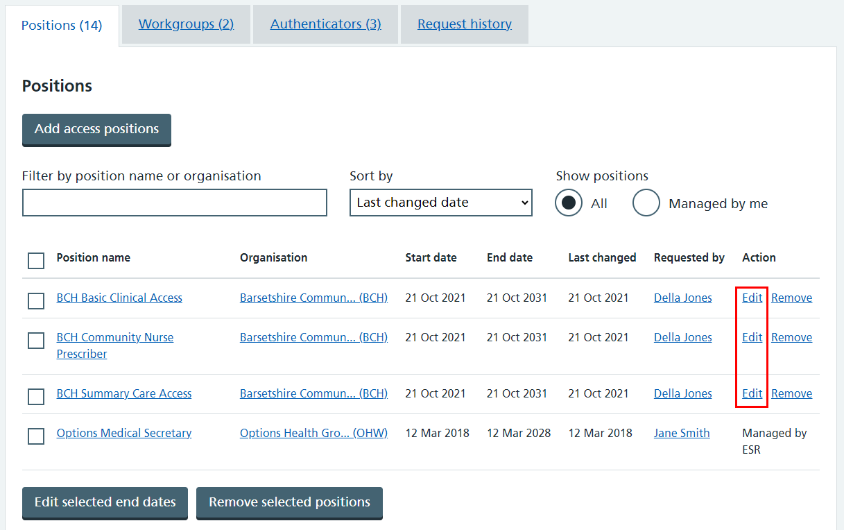 CIM user profile positions tab edit links highlighted